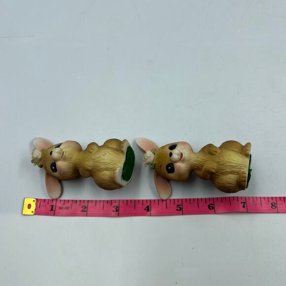Vintage Josef Originals 2 Ceramic Bunny Rabbits Yellow Rose Bent Ears Figurines - Picture 5 of 8
